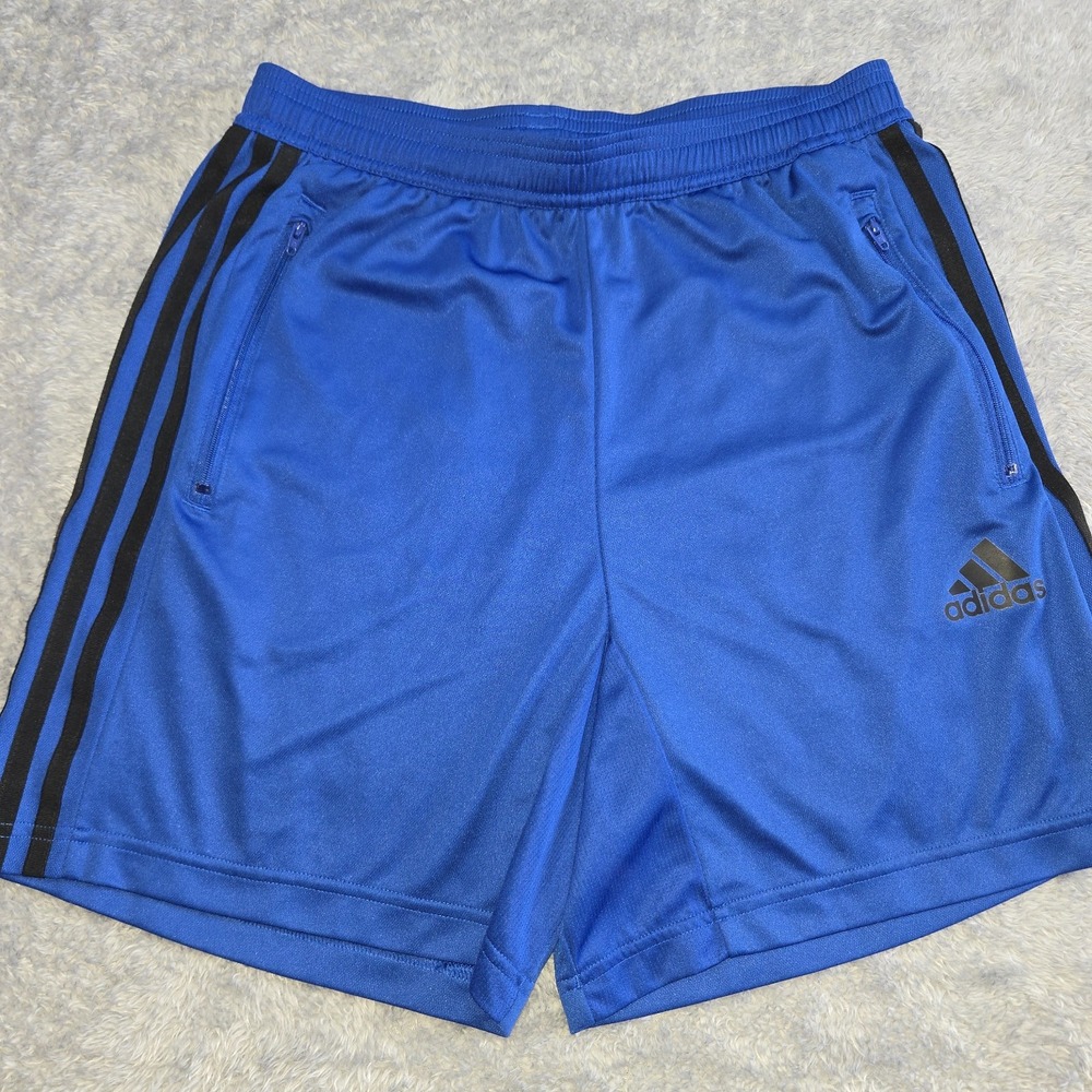 Adidas Mens Aeroready Athletic Shorts Royal Blue Black Stripes Zip Pockets M